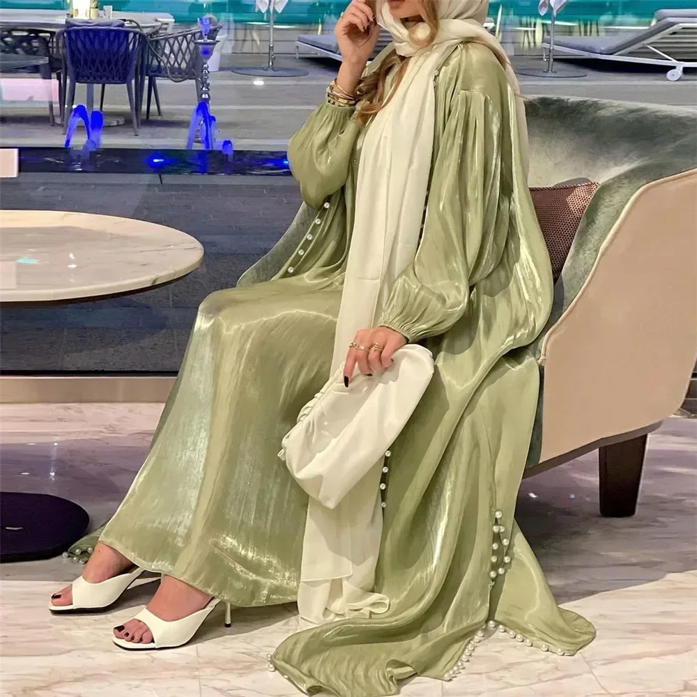 Elegante musulmano Abaya 2 pezzi coordinati set perline raso donne Hijab abito abito da sera turchia arabo Islam abiti caftano marocchino