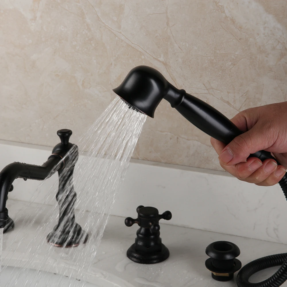 KEMAIDI Solid Brass Bathroom 5 Pcs Bathtub Shower Faucet  Set Deck Mounted 2 Handles ORB Black Bathtub Basin Mixer Faucets
