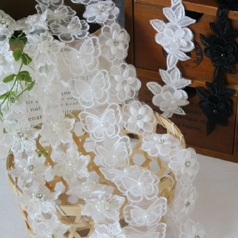 Organza-Tüll-Spitzenstoff, 3D-Perlen, Blumen-Stickband, Besatzkante für DIY-Nähen, Ausschnitt, Kleidungsstück, Kleid, Dekor, Weiß