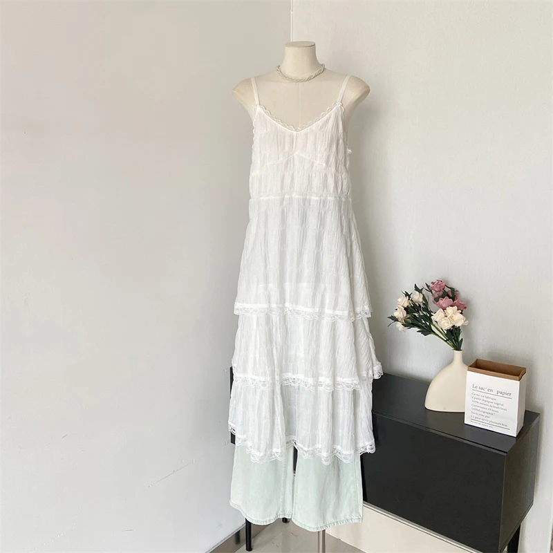 Women White Camis Dress Lace Patchwork Summer Korean Fashion Sexy Long Skirt Thin Off Shoulder Cake Dresses Ins Female Clothes