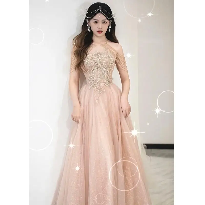 Elegant Halter Sequins Beading Tassels Prom Dresses Women Formal A Line Evening Party Gowns Robe De Soiree