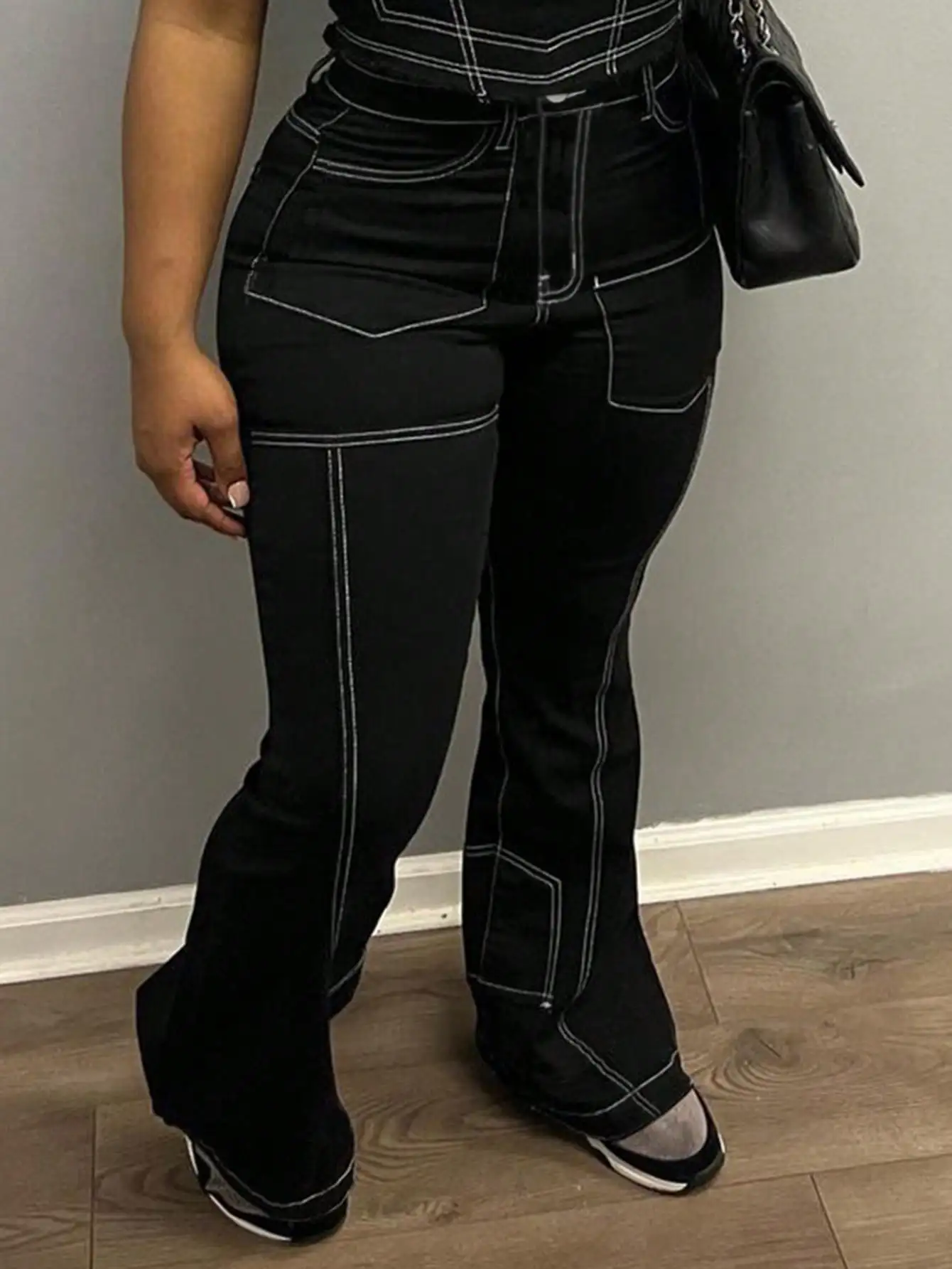 WGXWGX Women's High-Waisted Contrast Stitch Flare Jeans Black Denim Retro Streetwear Cotton Blend Comfortable Fit Retro Style