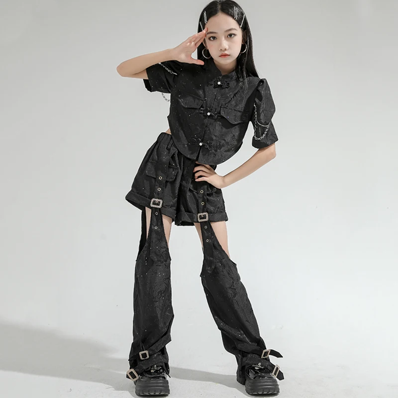 Disfraz de baile de Jazz para niñas, traje negro con abrigo y pantalones, ropa de Hip Hop, traje de actuación de escenario de grupo de pasarela, BL13315