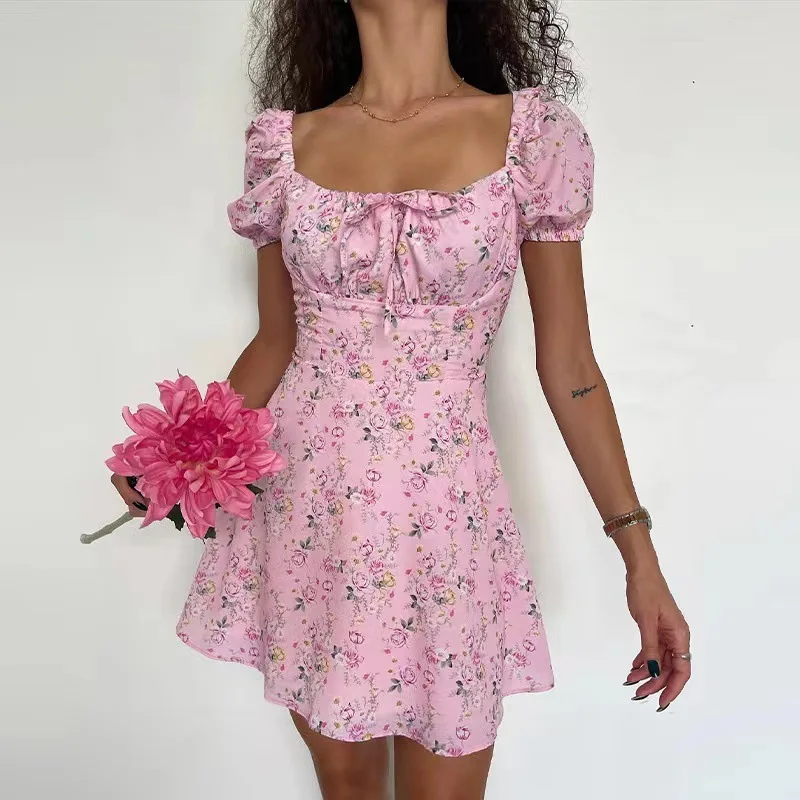 Sommer-Damenkleid mit Blumenmuster, schmaler Taille und Puffärmeln, französisches Kleid