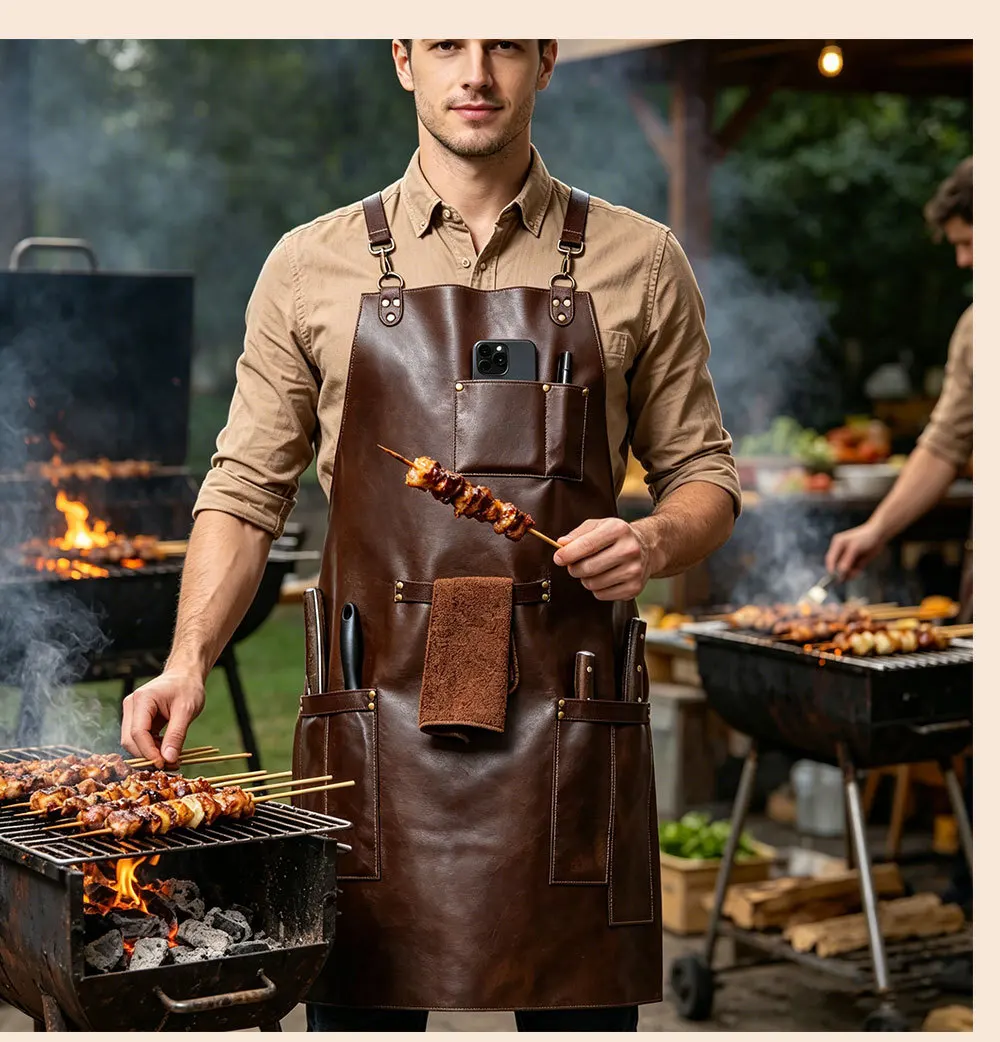 Thickened PU Leather Aprons,Wear-resistant Waterproof Aprons with Adjustable Shoulder Straps,Multi-functional Barbecue Apron 1