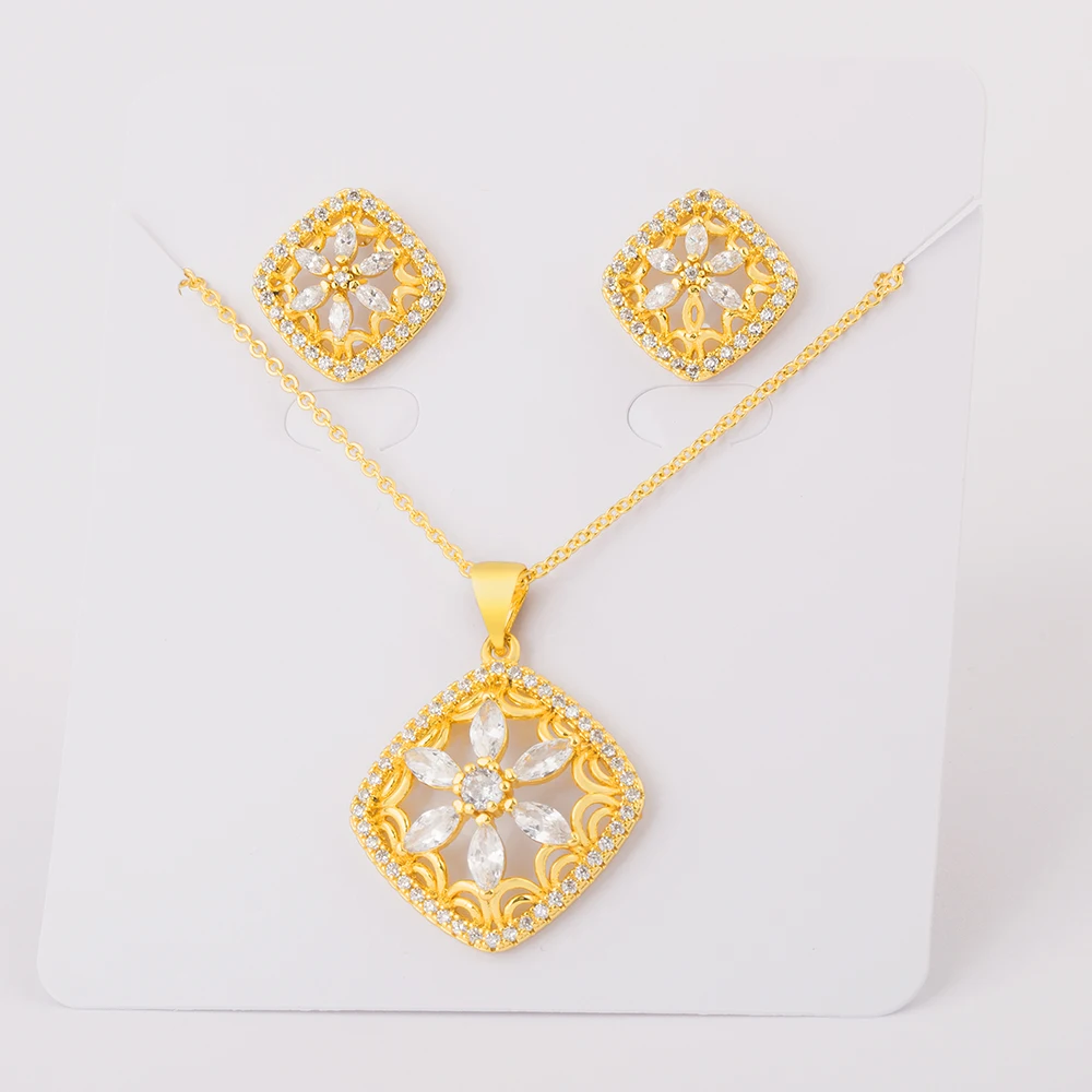 Nidin New Trendy Jewelry Sets for Women Gold Plated Zircon Necklace Earrings Flower Shape LOVE Anniversary Birthday Party Gift image 6