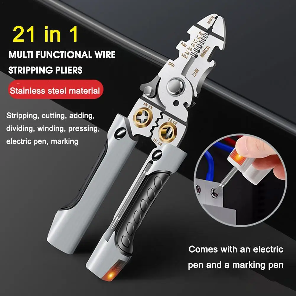 Multifunções Wire Stripping Alicadores Caneta de Medição Eletricista Fio Estilo Cabo de Corte Splitting Tool 21 em 1