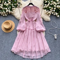 Vintage  Elegant Beading Folds Lantern Sleeve  sweet Dress Women basics Fashion summer Spring dresses