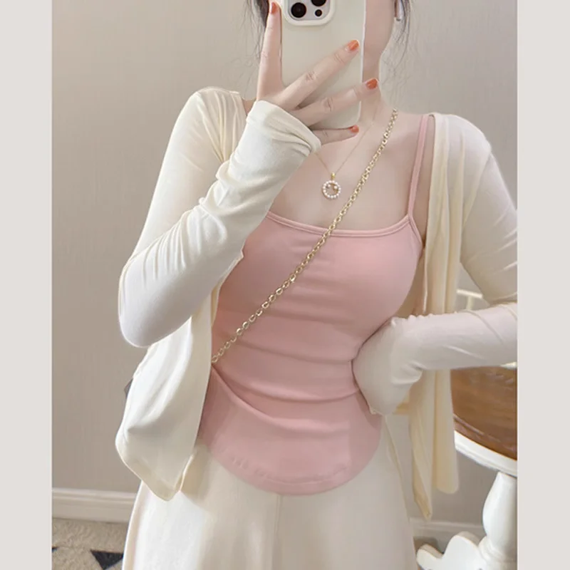 Pink  Strap Vest Women's Inner Wear Summer Outerwear Integrated Design Bra Pad Back Beauty Base Layer Cover up Top