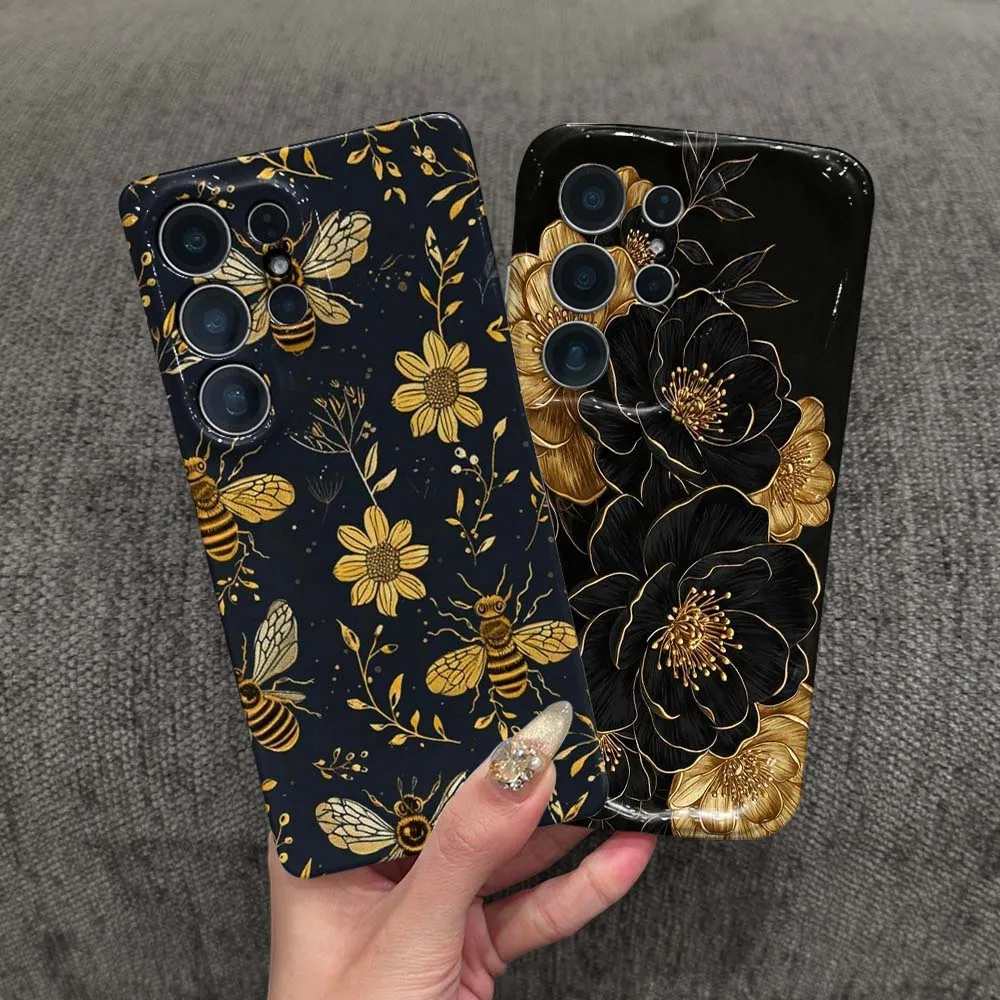 Beautiful Black Gold Flower Phone Case For Samsung Galaxy S26 S25 S24 S23 Ultra FE Plus Feilini Hard Case Wave Oil Soft Case