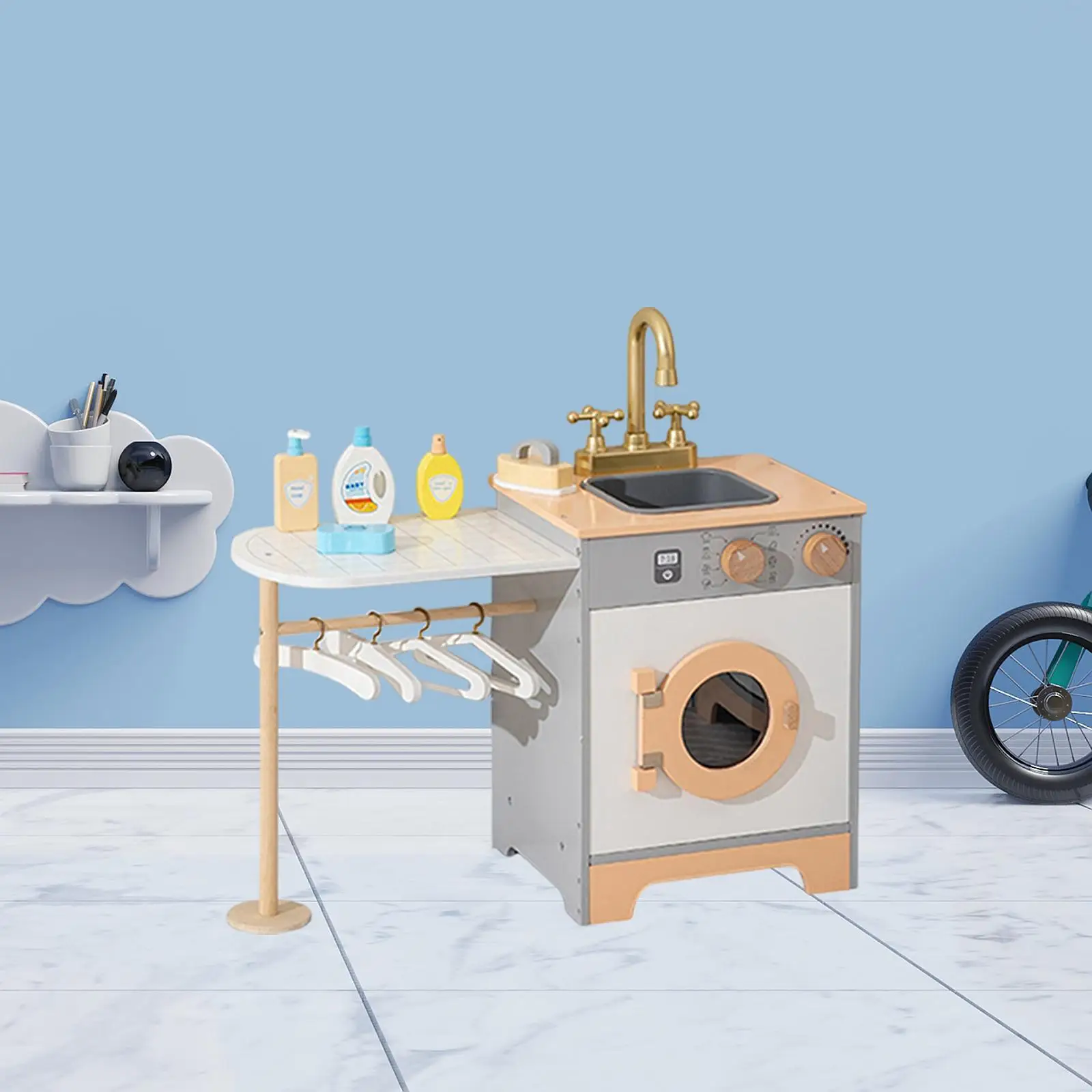 Kids Washing Machine Plays Set Children Wooden Washing Machine Playset Boys and Girls Toy Set Home Washing Machine Toy Kids