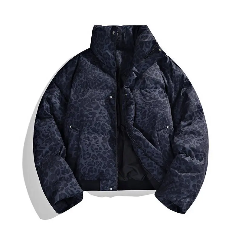 Men Short Jacket Winter Vintage Leopard Print Stand Collar Male Down Coat Long Sleeve Zipper Loose Daily Man Outerwear