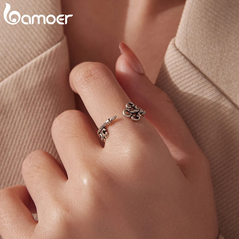 Bamoer 925 فضة مفتاح حلقة مفتوحة نمط خمر جوفاء قفل لامعة الدائري الأصلي للنساء هدية خرافية سحرية #2