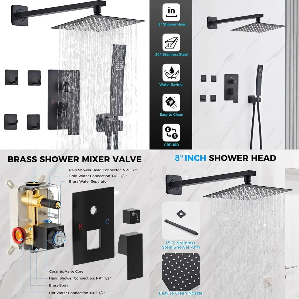 

Matte Black Shower System with 8 Rain Shower Head and Handheld Spray for Bathroom Rain Shower Experience