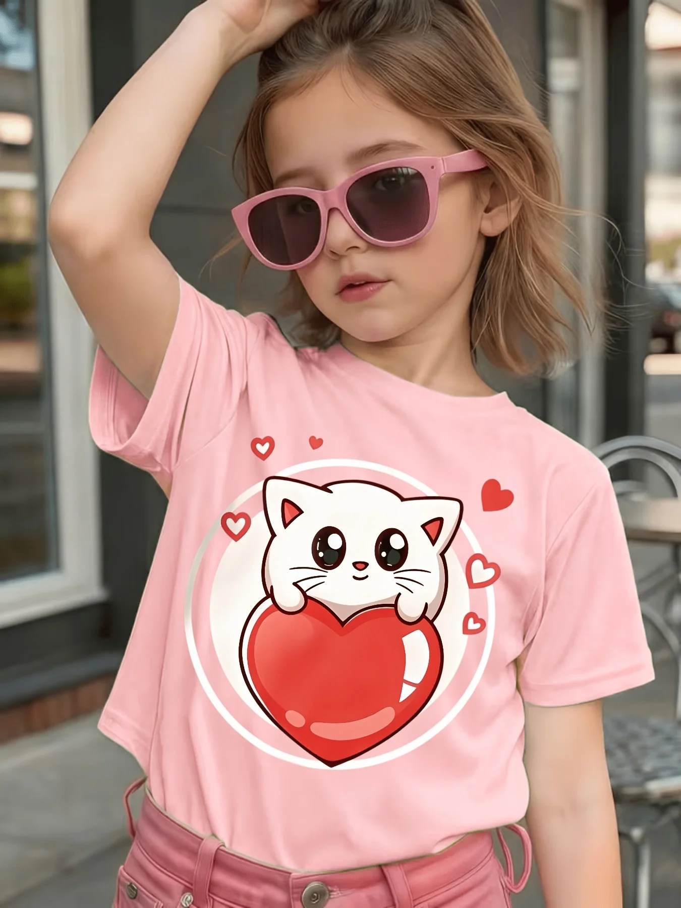 Cute White Cat Hugging Red Heart Print Kids T Shirt Boys Girls Family Matching Cotton Short Sleeve Daily Casual Tees For Kids
