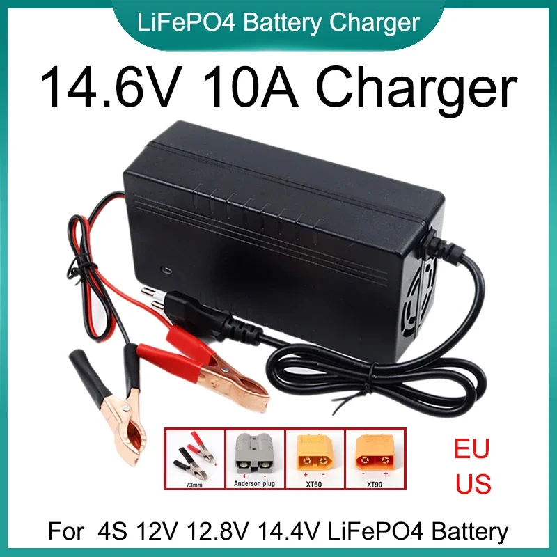 14.6V 10A LiFePO4 Battery Charger AC 110-220V input For 4S 12V 12.8V 14.4V 10Ah Lithium iron Battery Pack Fast Charging EU/US/AU