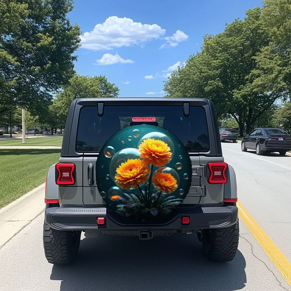 Dreamy Crystal Clear Bubbles Wrap Orange Daisy Spare Tire Cover Polyester Fiber Art Floral Wheel Cover Fashion Car Exterior Deco