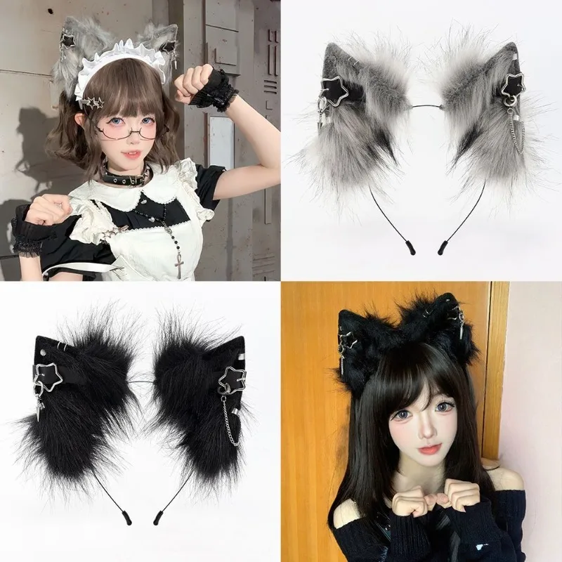 

Women Punk Plush Headwear Anime Wolf Ear Hairband Handmade Foxes Cats Ears Headband Cosplay Props Music Festival Halloween Party