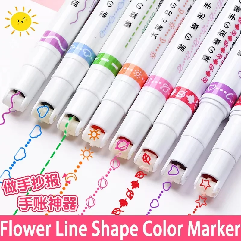 6Pcs/Set Cute Flower Line Shaped Highlighter Pens Roller Tip Curve Liner Marker For Writing Journaling Drawing School Stationery