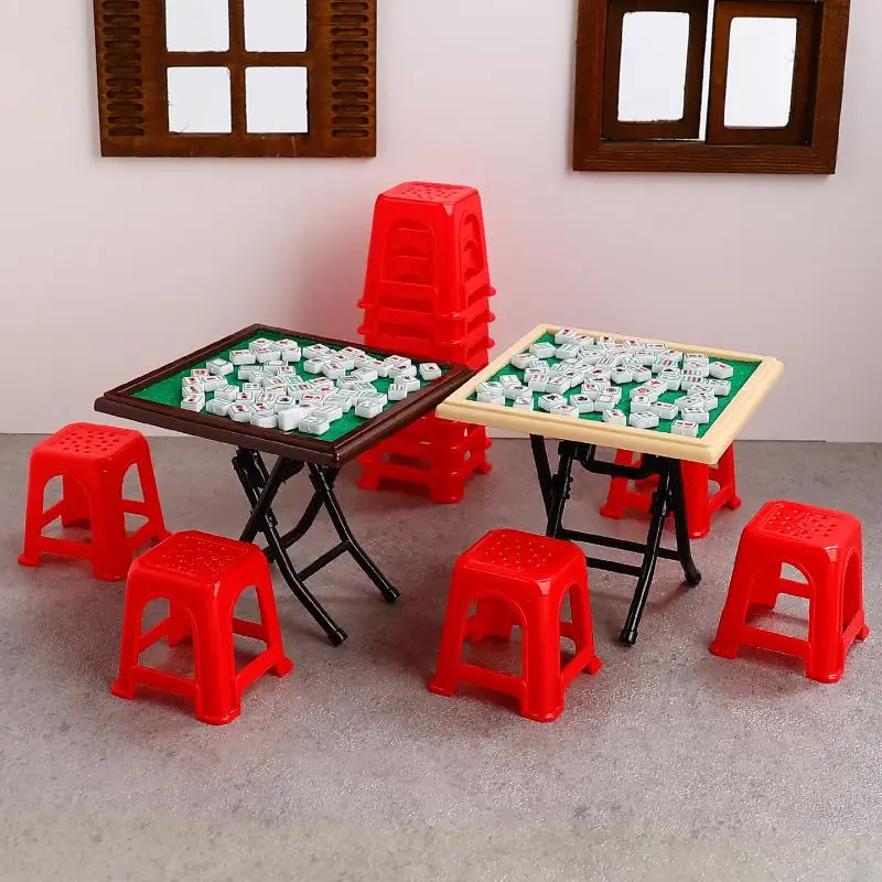 1Set Dollhouse Mahjong Table + Mahjong Tiles + 4 Red Chairs Miniature Home Decor Model Toy Doll House Furniture Accessories