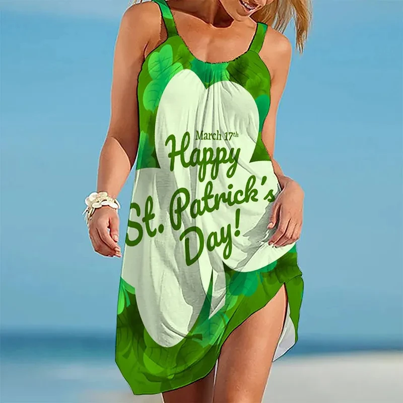 Summer New 3D Irish Lucky Print Strap Sleeveless Short sleeved Patrick Day Beach Dress Women's Summer Dress Strap