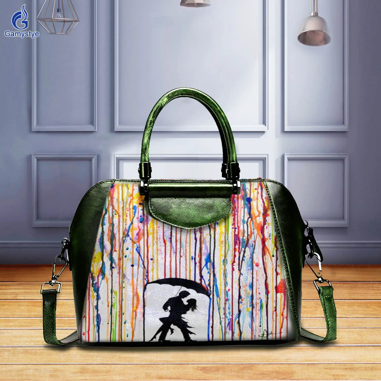 

Art Hand-Painting Customize Totes Two people in the rain Women Bags Messenger Crossbody Handbags Popular Genuine Leather Fashion