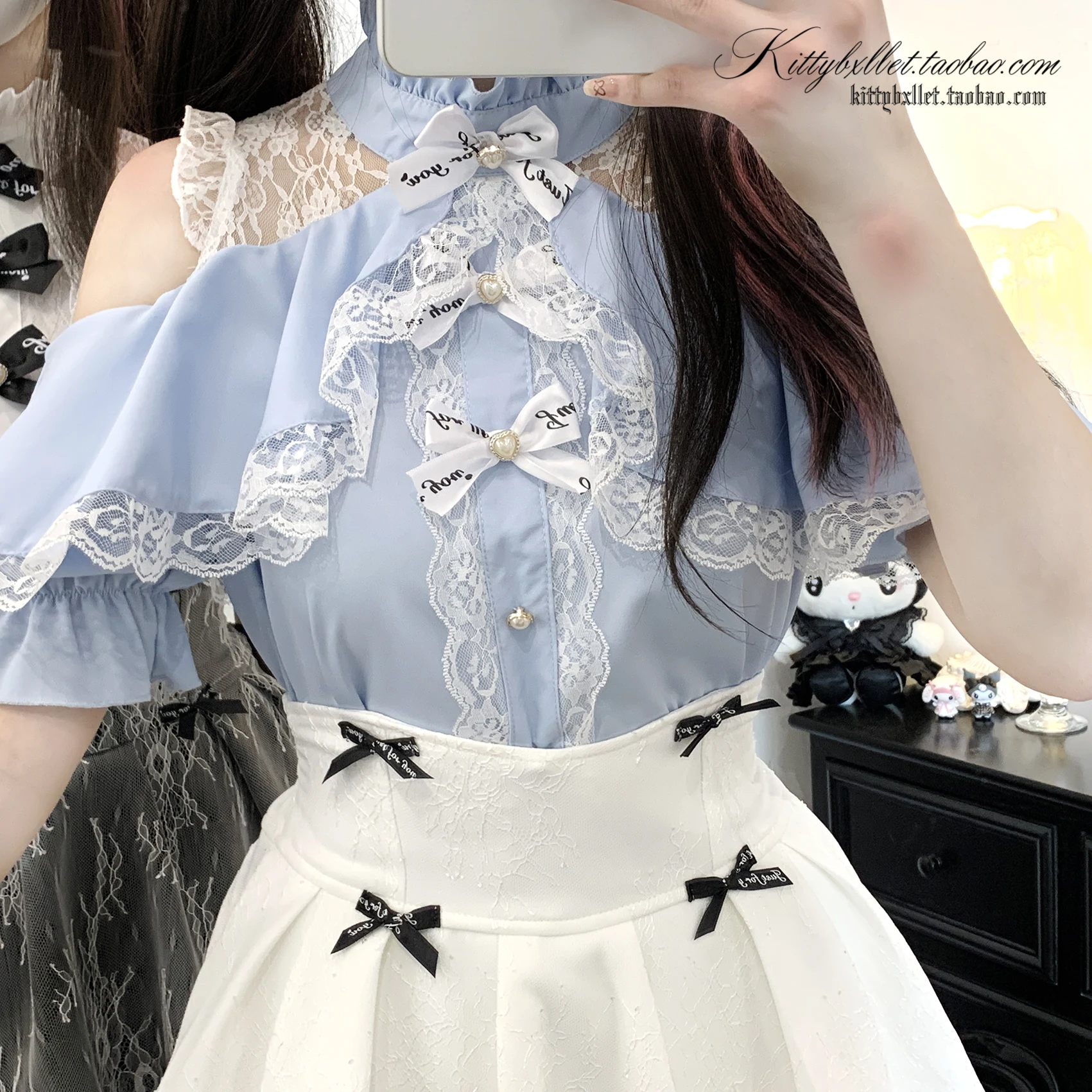 Japanese Mine Style Mass-produced Lace Off-shoulder Short-sleeved Blouse Bow Single-breasted Sweet Cute Lolita Shirts Tops Women