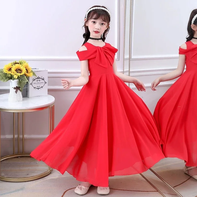 Novo Vestido Longo de Chiffon Vermelho para Meninas 2026, com Ombro Vazado e Laço, Ideal para Concursos, Casamentos, Madrinhas e Festas Infantis de Ve