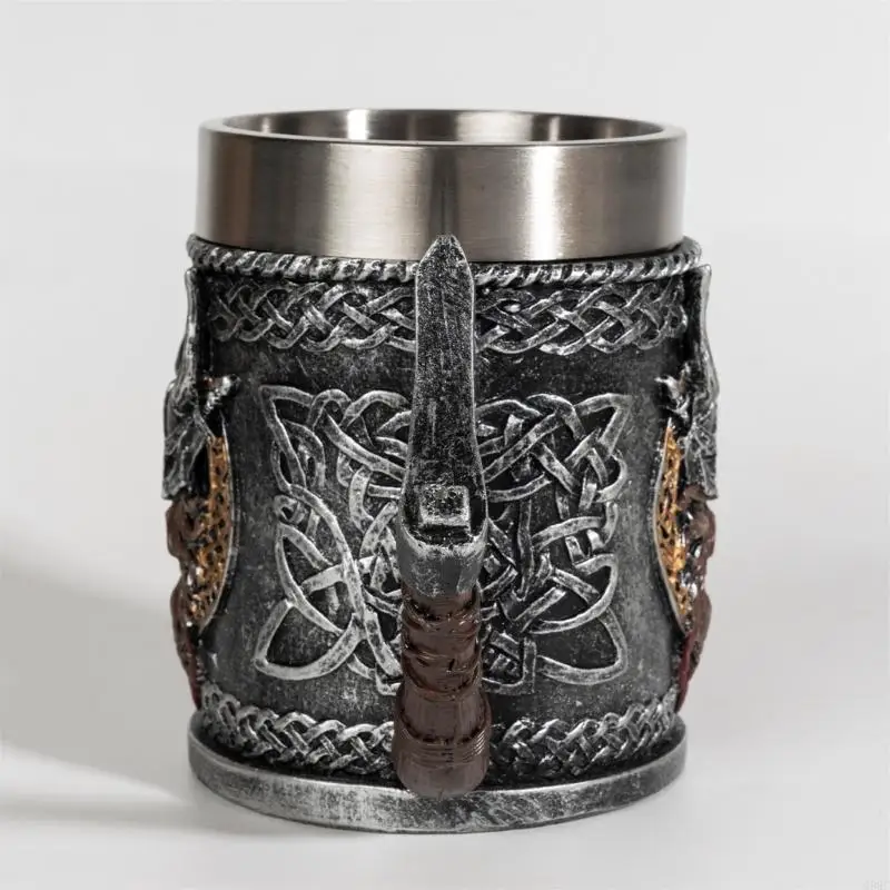 G92C Elegant Resin Mug With Intricate Nordics Themd Detailing Stainless Steel Inner Layer Cup With Ergonomic Grip