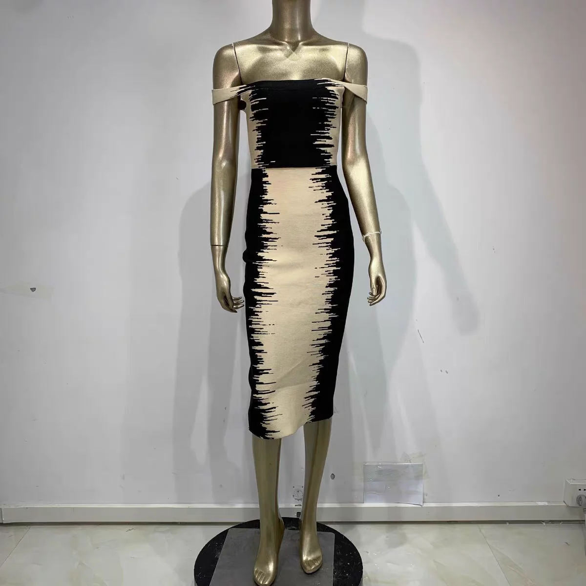 Customized Evening Dress Off Shoulder Gradient Splash Ink Black White Print Stretch Knit Bandage Slim Fit Midi Bodycon