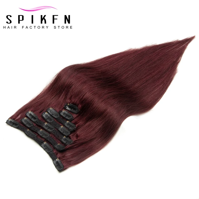 SPIKFN Brazilian Remy Straight Hair Clip In Human Hair Extensions Natural Burgundy Color 99J# Clip Hair Full Head 7pcs/set