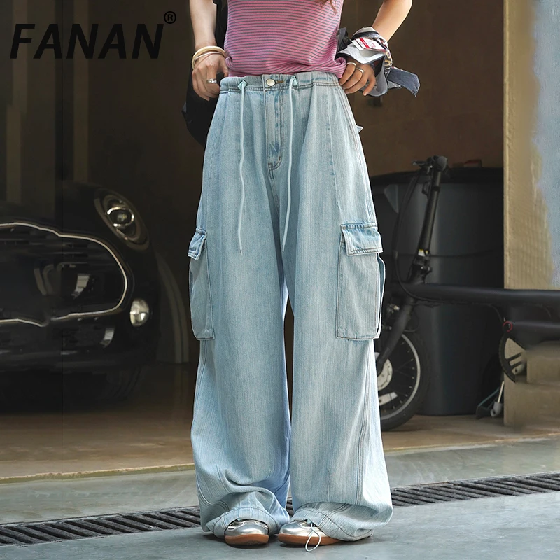 

FANAN, прямые джинсовые брюки с высокой талией для женщин, уличная одежда с завязками, джинсы, женская одежда, новинка лета 2023 г.