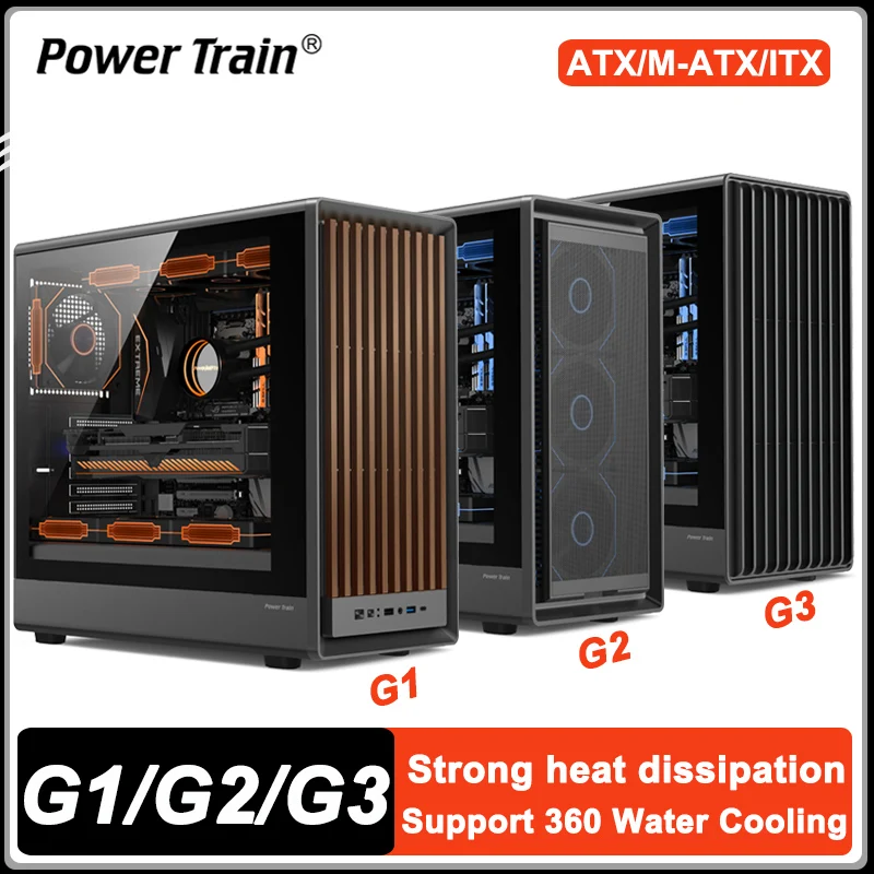 

Power Train G1 G2 G3 Desktop ATX Case Glass Side Transparent Mesh Gaming Computer Case Support 360 Water cooling