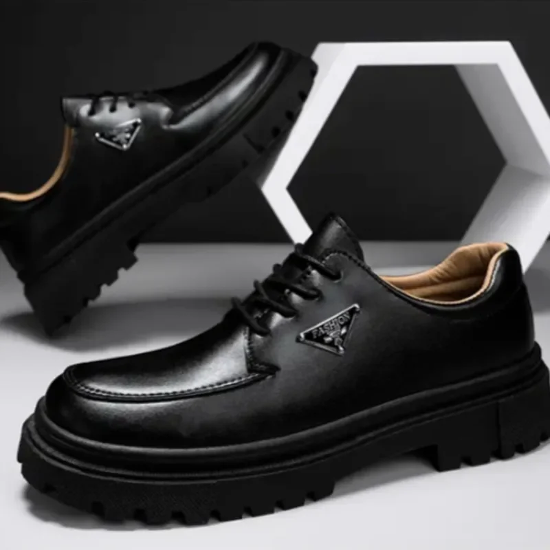 Men's Leather Shoes Platform Office Thick Sole Male Casual Shoe Round Toe Lace Up Adults Luxury Sale In Promotion 2024 Trend Pu