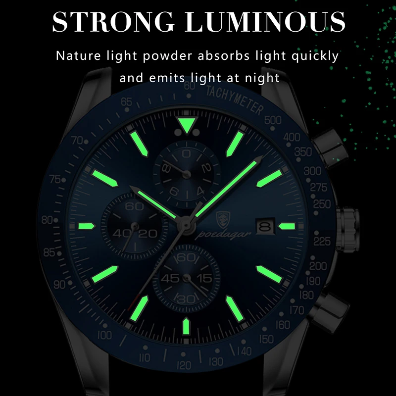 POEDAGAR Steel Strap Sport Watches Men Top Brand Luxury Stop Watch Luminous Men\'s Watch Quartz Date Business Male Clock Gift New