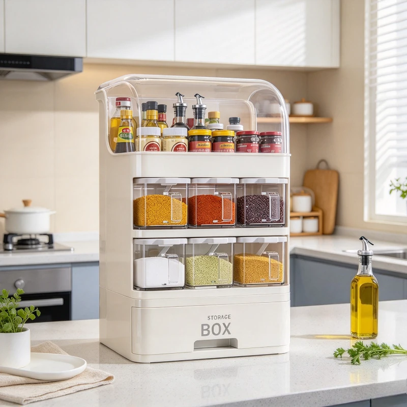 Covered Spice Rack Large Kitchen Seasoning Organizer with Individual Dustproof Lids Pull Out Access Moisture Resistant Storage