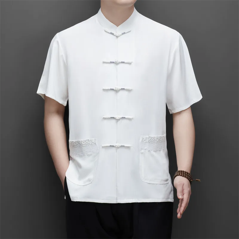 Old Money Style Men Khaki White Essential Shirts Mandarin Collar Short Sleeve Tunic Vintage Tops Summer Zen Meditation Clothes