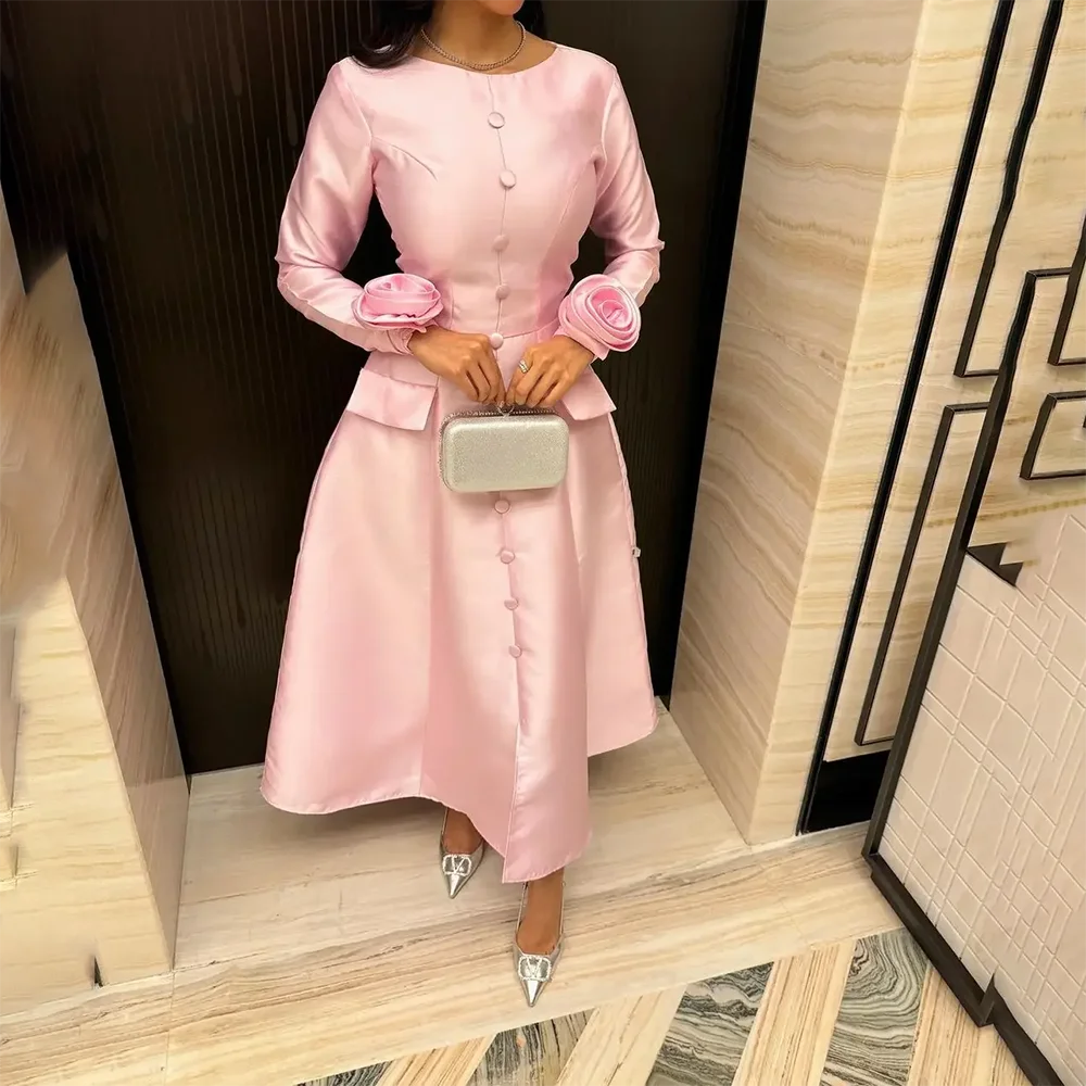 

Pink Evening Dress Customized O-Neck Long Sleeves Pleated Flower Satin Ankle Length Formal Evening Gowns Wedding Party Dresses