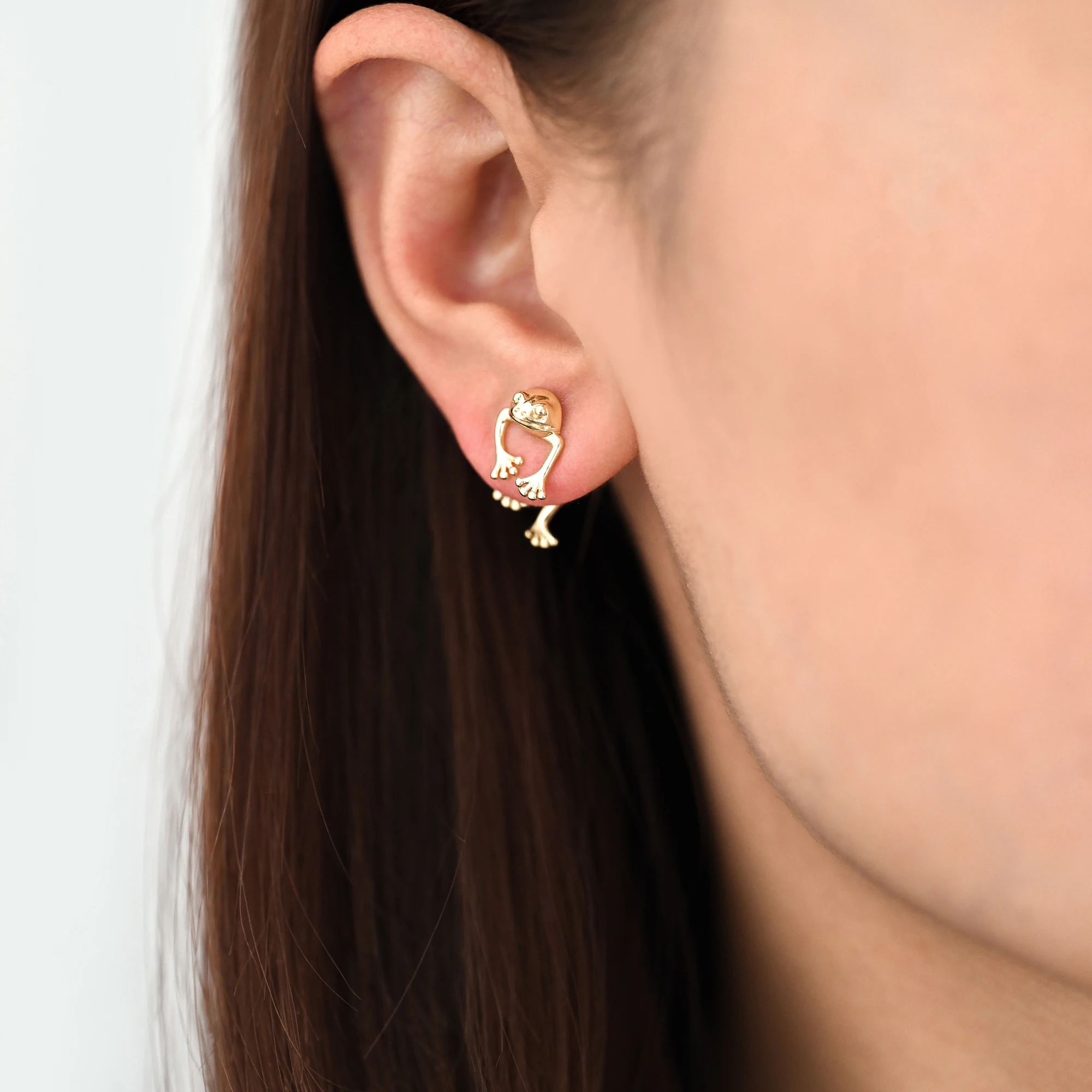 4pcs Gold/ Silver Tone Frog Front Back Earrings, Gold/ Rhodium Plated Brass, Animal Ear Jacket (GB-4533)