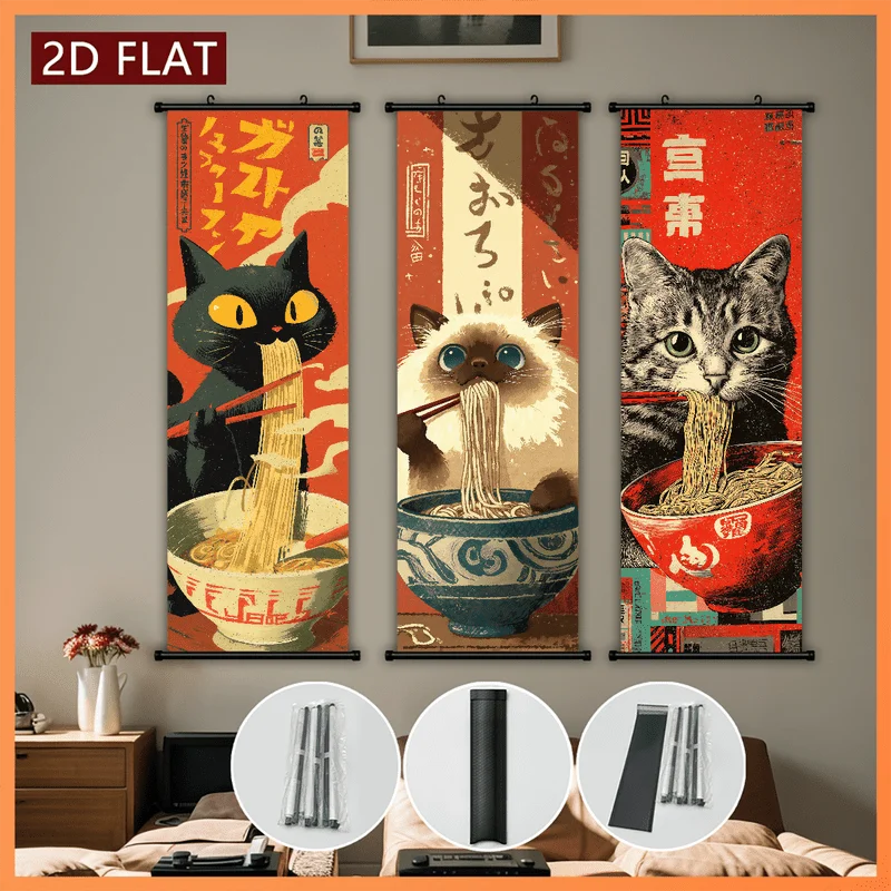 VIKAMA Fun Cat Ramen Scroll Tapestry, Retro Japanese Ukiyo-e Kitten Ramen Bowl Vertical Wall Hanging, Bedroom Wall Decor