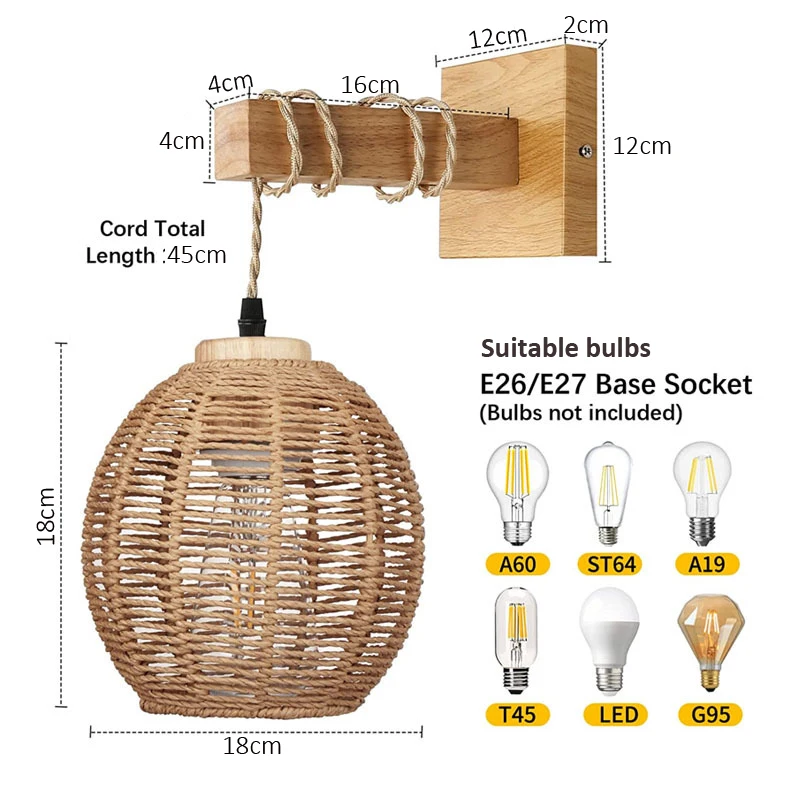 Vintage bambu japonês tecido lâmpada de parede Hemp Rope Light Lâmpada de parede de cabeceira Lâmpada de parede de quarto de jantar Farmhouse Hotel Wall Light