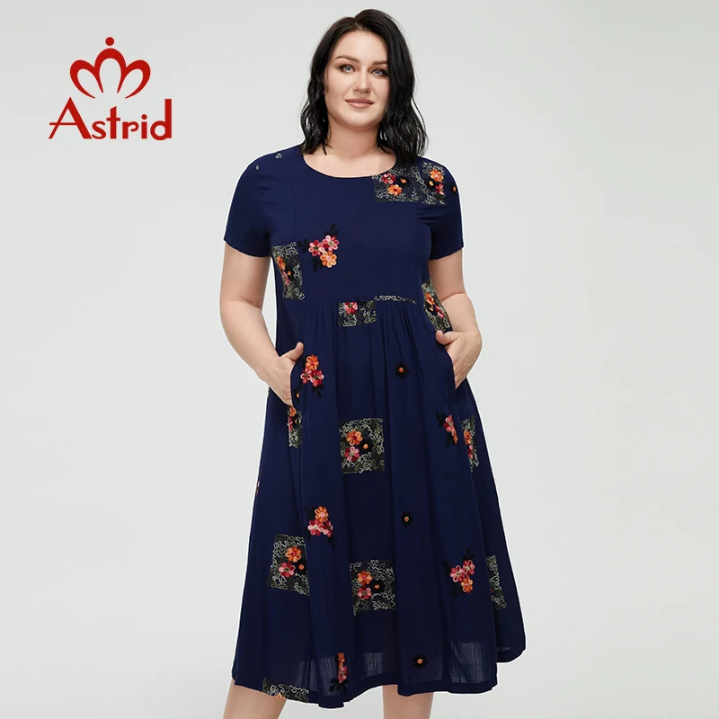 Astrid Women\'s Summer Dress 2022 for Women Boho Casual Elegant Vintage Dress Linen Oversize Embroidery Flower Long with Pocket