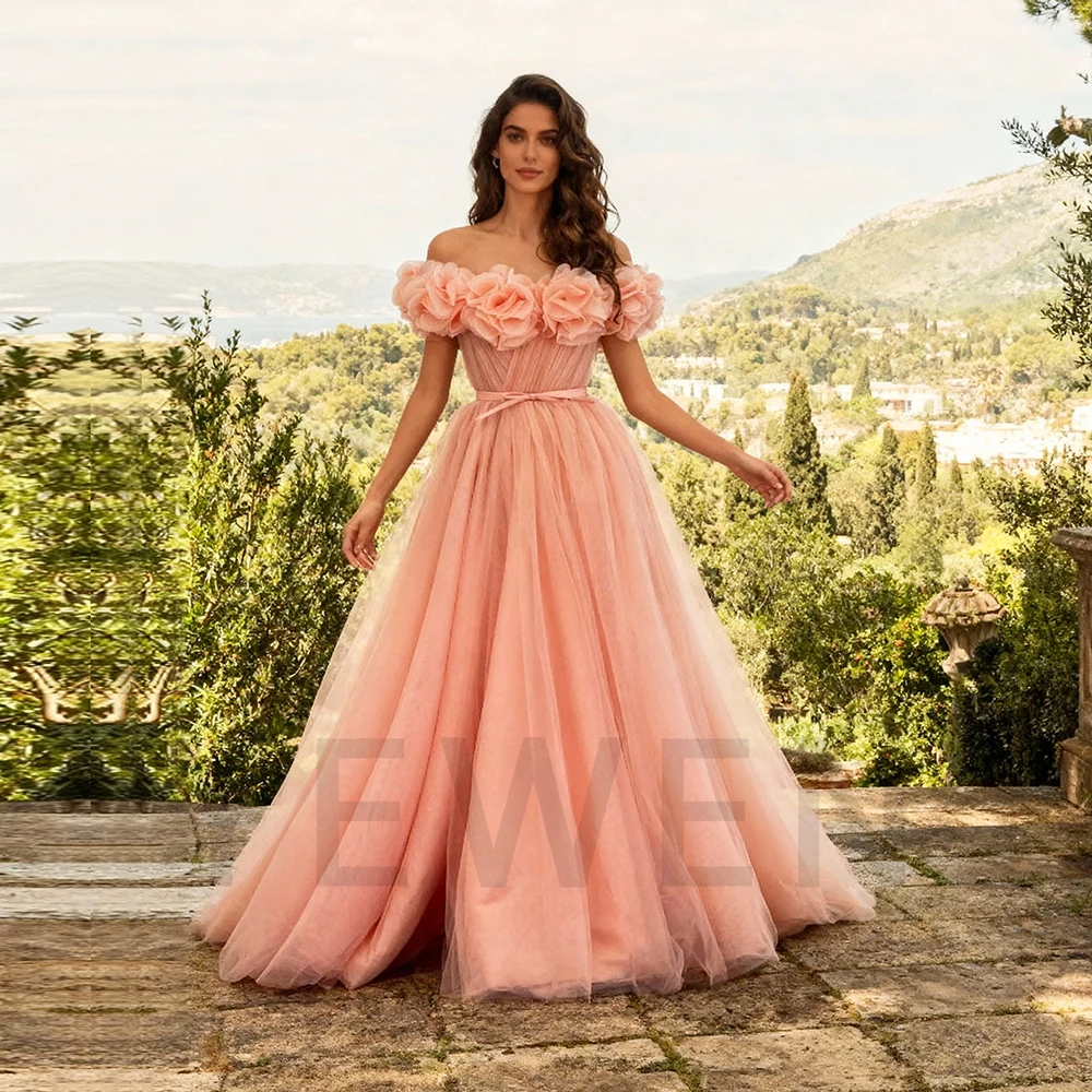 فستان زفاف من التول الخوخي لالتقاط الصور، فساتين سهرة أنيقة فاخرة بدون أكتاف، فساتين حفلة موسيقية للمناسبات الخاصة