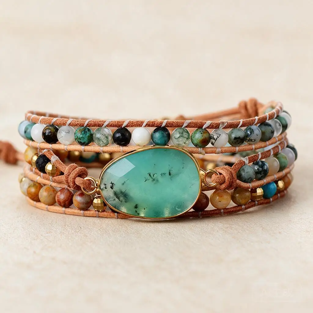 Custom Handmade Natural Stone Agate Bohemian Multi Layer Leather Wrap Bracelet For Women Personalized Mixed Beaded Jewelry Gift