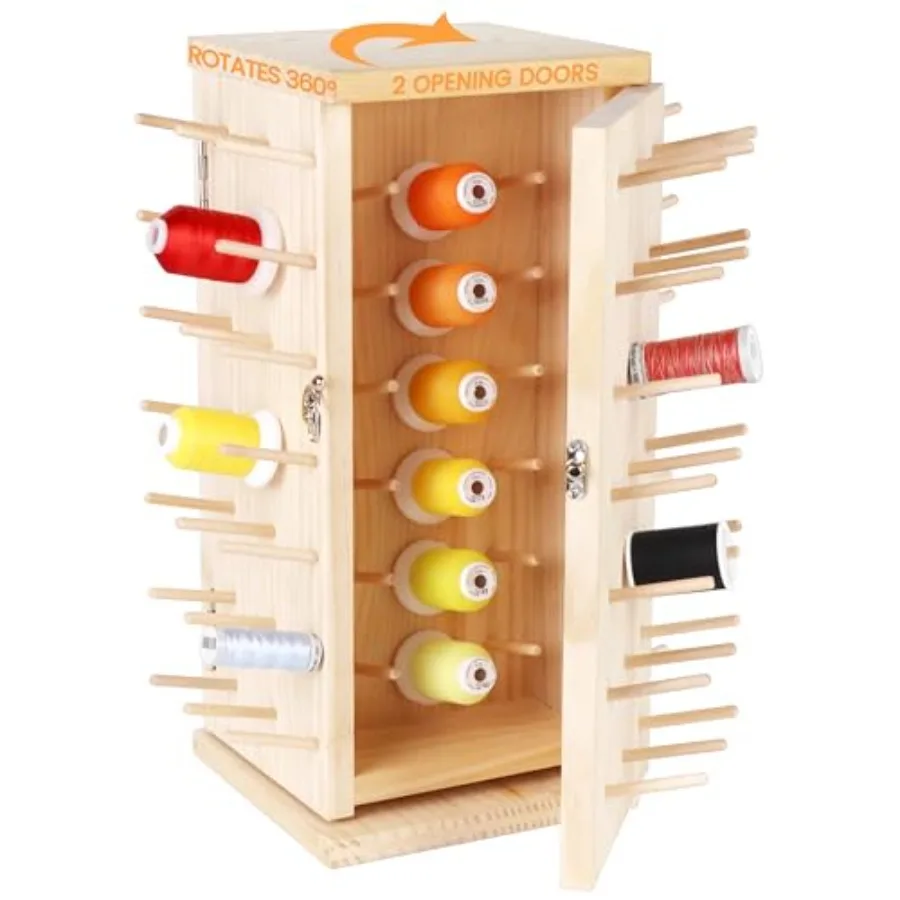

360° Fully Rotating Wooden Thread Rack/Thread Holder Organizer with Double Doors Inner Space Hold ≤ 500M Thread for Sewing Quil