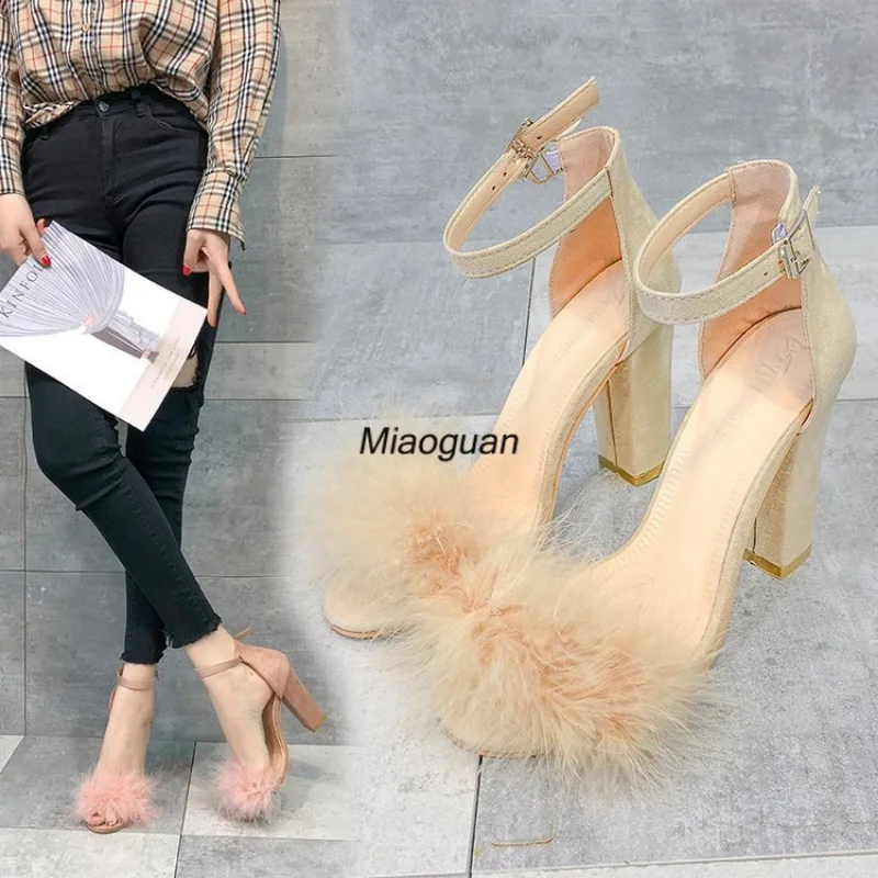 Ankle Strap High Heels Faux Fluffy Rabbit Fur Women Sandals 2023 Thick High Heel Party Wedding Shoes Bridal Summer Lady Fashion