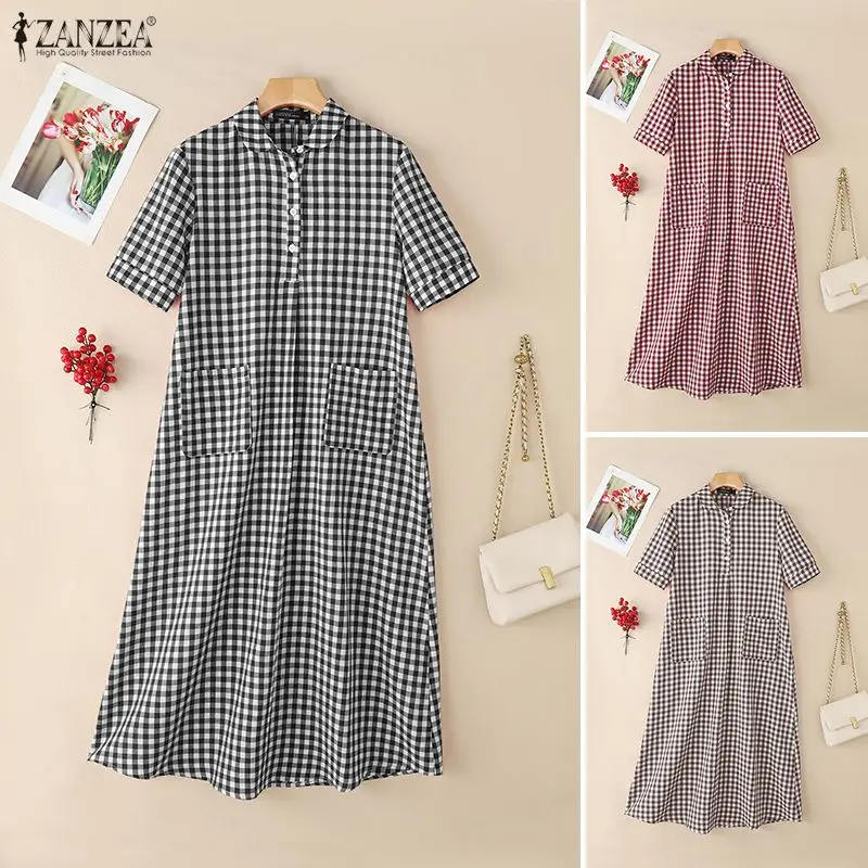 2026 ZANZEA Sommer Kariertes Kleid Vintage Damen Reverskragen Kurzarm Sommerkleid Midi Robe Lässiges Arbeitskleid Festtagskleider