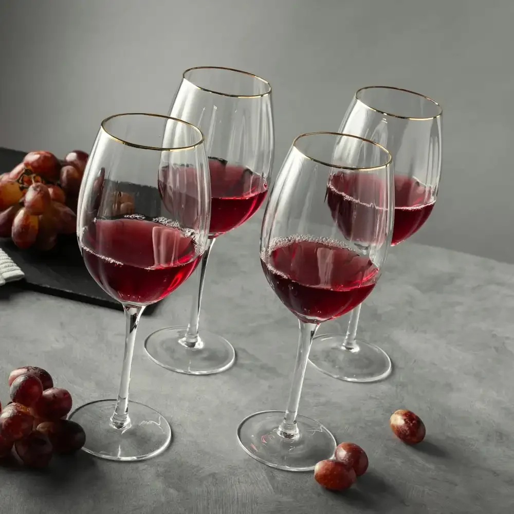 Scalloped Gold Rim Wine Glasses Set of 4, Elegant Stemware Dishwasher Safe for Wedding, Party & Celebrations