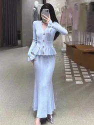 New Autumn Fashion Runway Temperament Blue V-Neck Knitted Long Dress For Women Ruffled Splicing Stretch Slim Mermaid Dresses