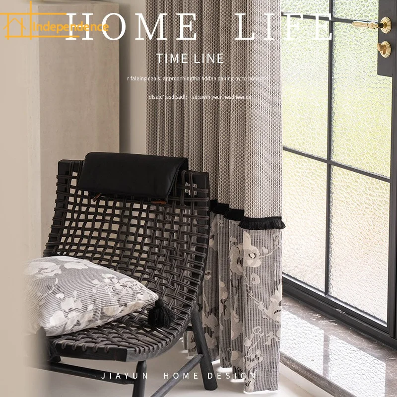 Upper and Lower Stitching Lace Senior Grey Jacquard Chenille Curtains for Living Room Bedroom French Window Customized Balcony